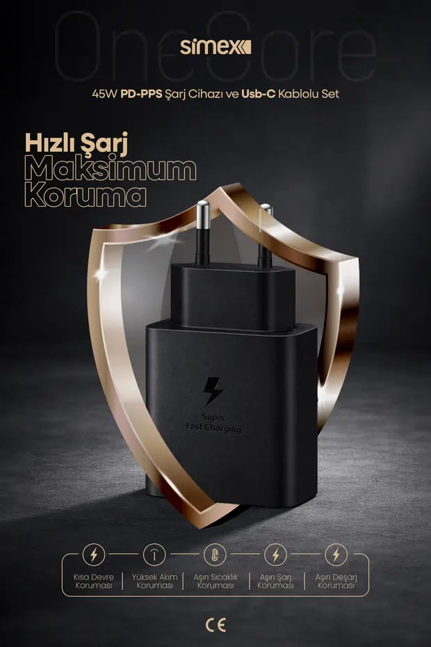 Samsung S22-S23-S24-S25-S26 Uyumlu 45W USB-C Şarj Seti Aleti Cihazı Adaptörü 5A Kablo