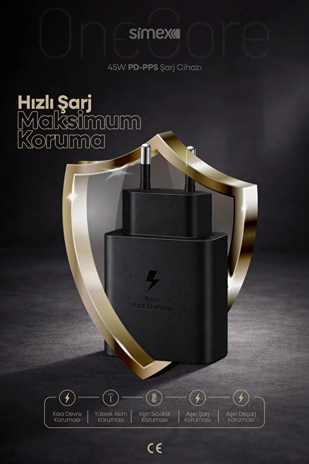 Samsung S22-S23-S24-S25-S26 Ultra Serileri Uyumlu - 45W USB-C Süper Hızlı Şarj Adaptörü