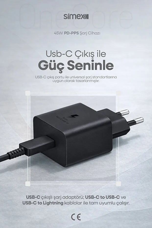 Samsung S22-S23-S24-S25-S26 Ultra Serileri Uyumlu - 45W USB-C Süper Hızlı Şarj Adaptörü