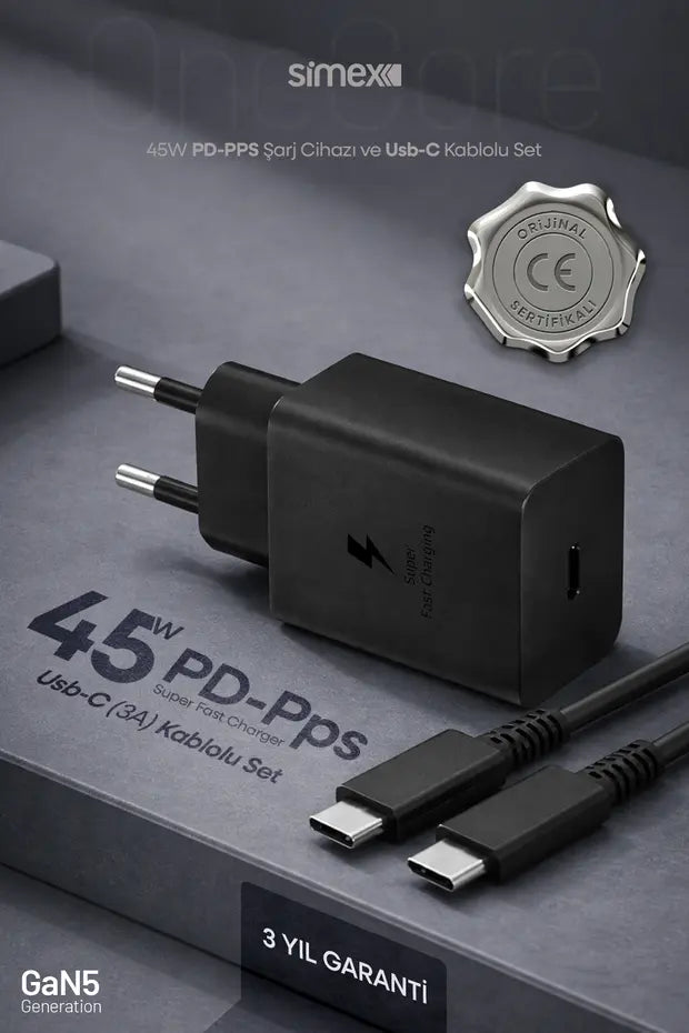 Samsung S22-S23-S24-S25-S26 Uyumlu 45W USB-C Şarj Seti Aleti Cihazı Adaptörü 5A Kablo